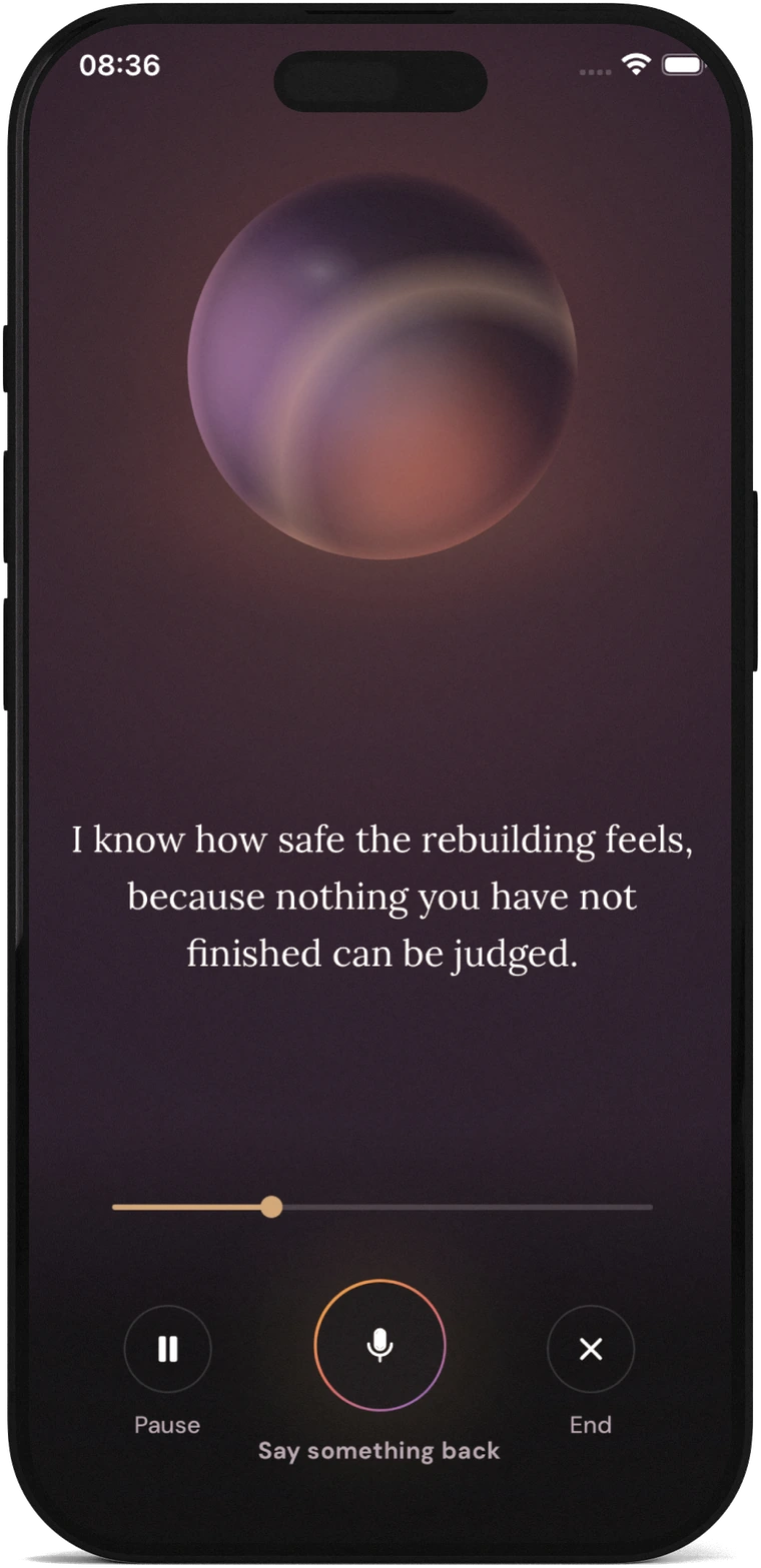 Someday in-call screen showing the future-self orb and transcript